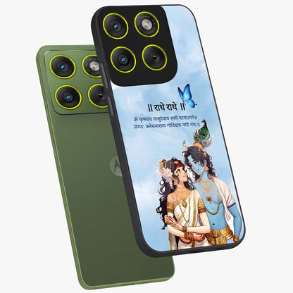 Radha Krishna Eternal Glass Case displayed in angled mockup highlighting divine Radha Krishna illustration with spiritual aesthetic.