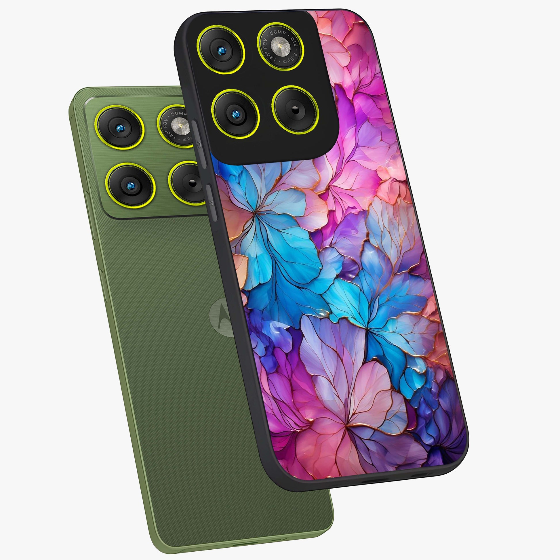Radiant Floral Whirl Glass Case displayed in angled mockup highlighting vibrant flower pattern with dynamic artistic aesthetic.