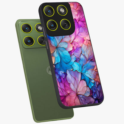 Radiant Floral Whirl Glass Case displayed in angled mockup highlighting vibrant flower pattern with dynamic artistic aesthetic.
