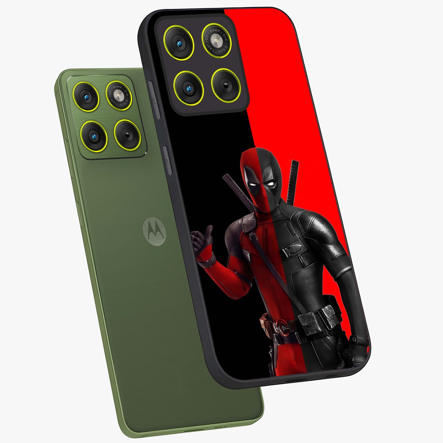 Red & Black Deadpool Theme Glass Case displayed in angled mockup highlighting vibrant superhero style illustration with action aesthetic.