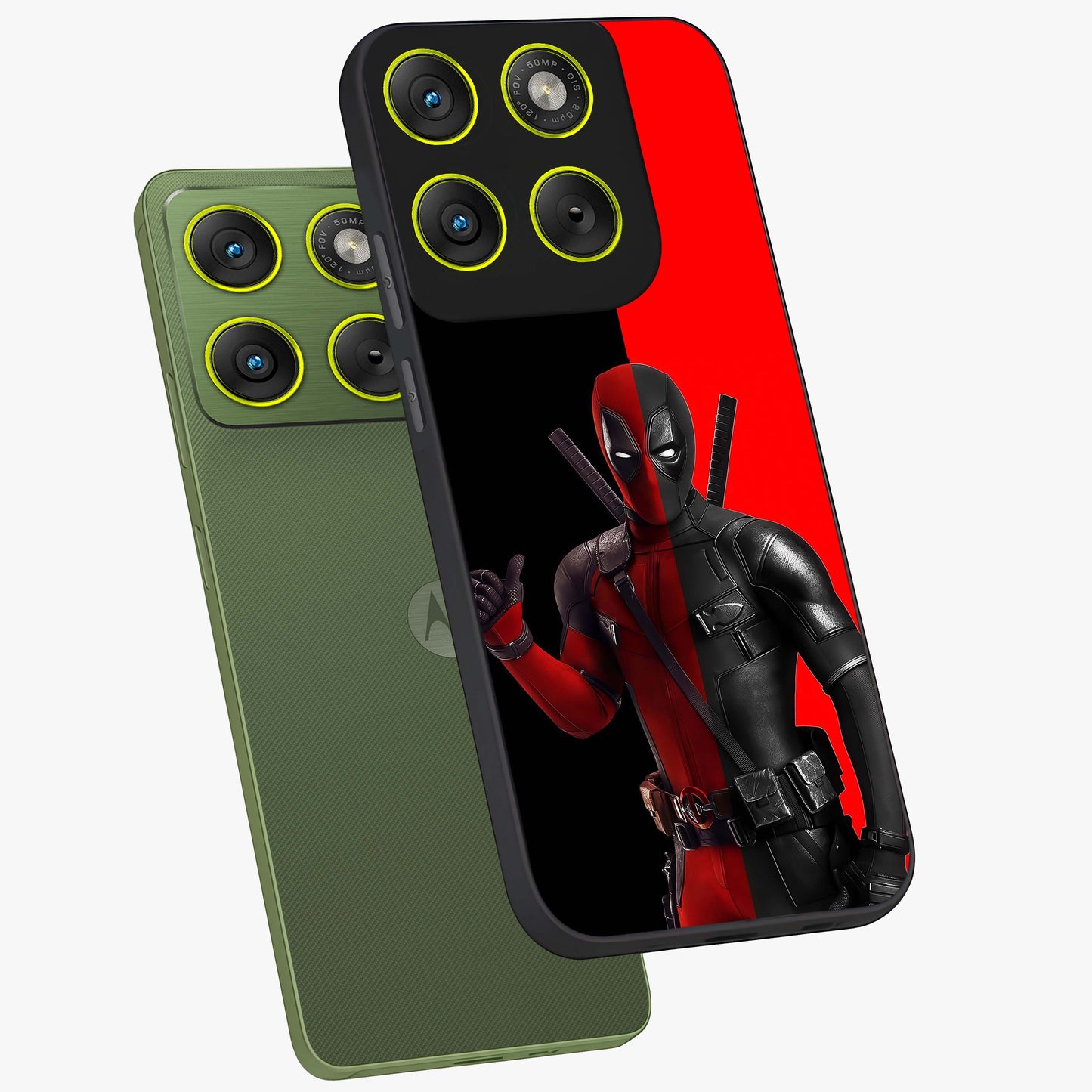 Red & Black Deadpool Theme Glass Case displayed in angled mockup highlighting vibrant superhero style illustration with action aesthetic.