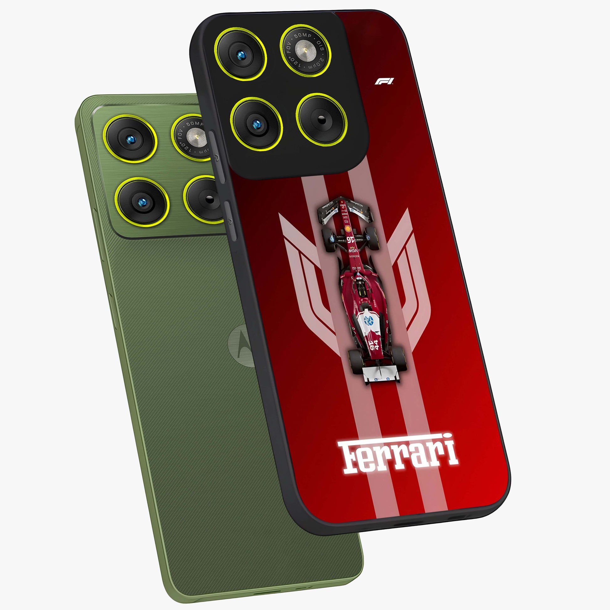 Red Ferrari F1 Vertical Glass Case displayed in angled mockup highlighting high speed racing design with bold automotive aesthetic.