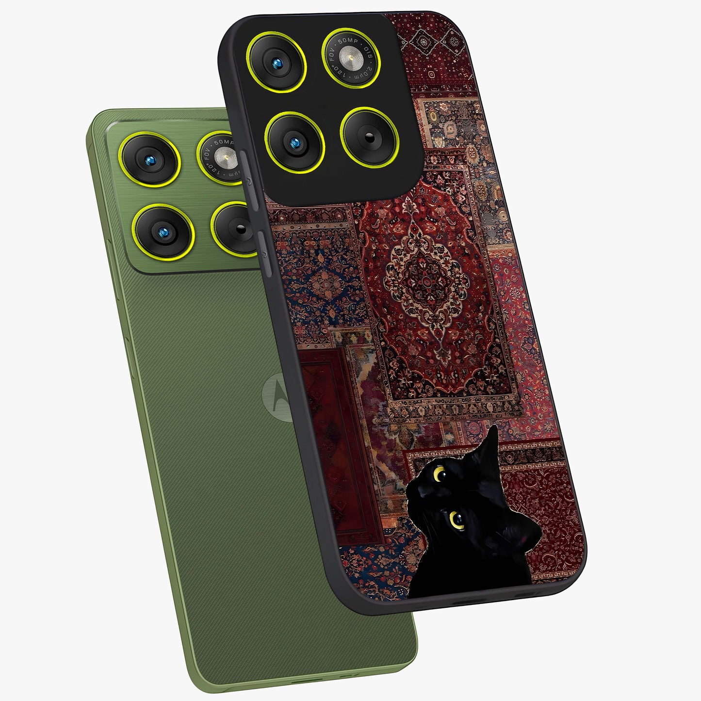 Regal Magic Cat Apple Glass Case displayed in angled mockup highlighting whimsical feline design with fantasy aesthetic.
