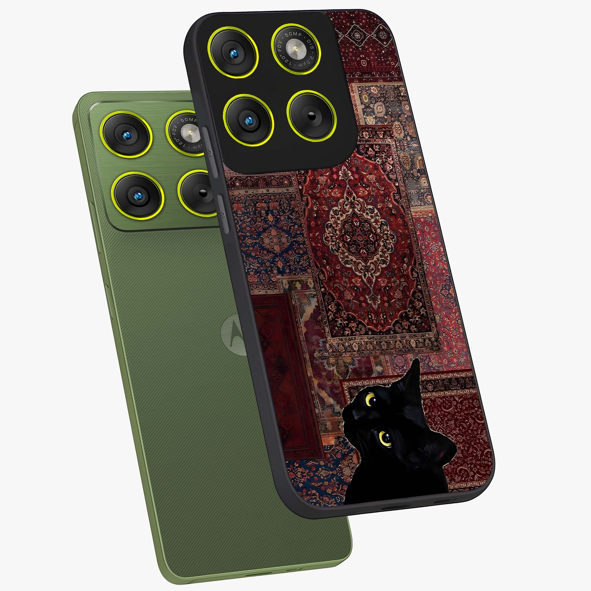 Regal Magic Cat Apple Glass Case displayed in angled mockup highlighting whimsical feline design with fantasy aesthetic.