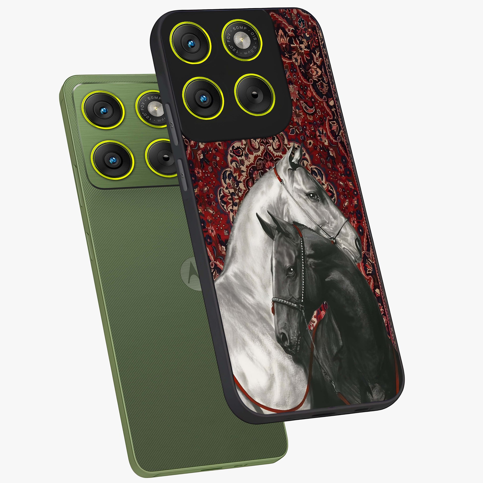 Regal Stallion Tapestry Glass Case displayed in angled mockup highlighting royal stallion design with decorative heritage aesthetic.