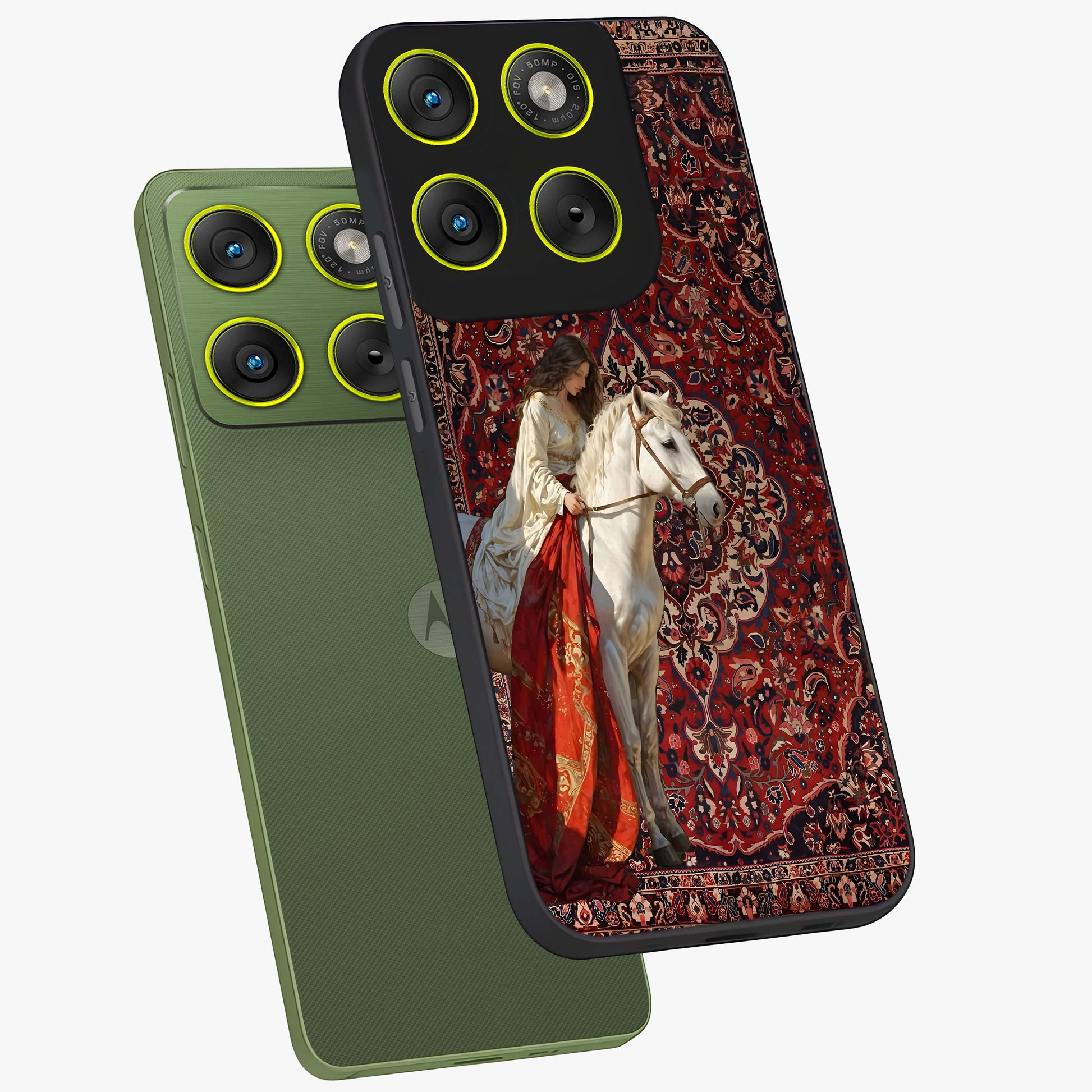 Royal Rider Tapestry Glass Case displayed in angled mockup highlighting traditional tapestry design with royal heritage aesthetic.