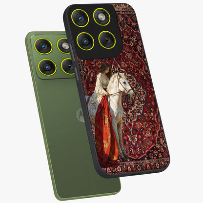 Royal Rider Tapestry Glass Case displayed in angled mockup highlighting traditional tapestry design with royal heritage aesthetic.