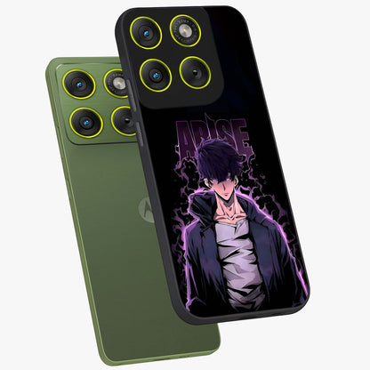 Shadow Monarch Awakening Glass Case displayed in angled mockup highlighting dramatic shadow warrior design with fantasy aesthetic.