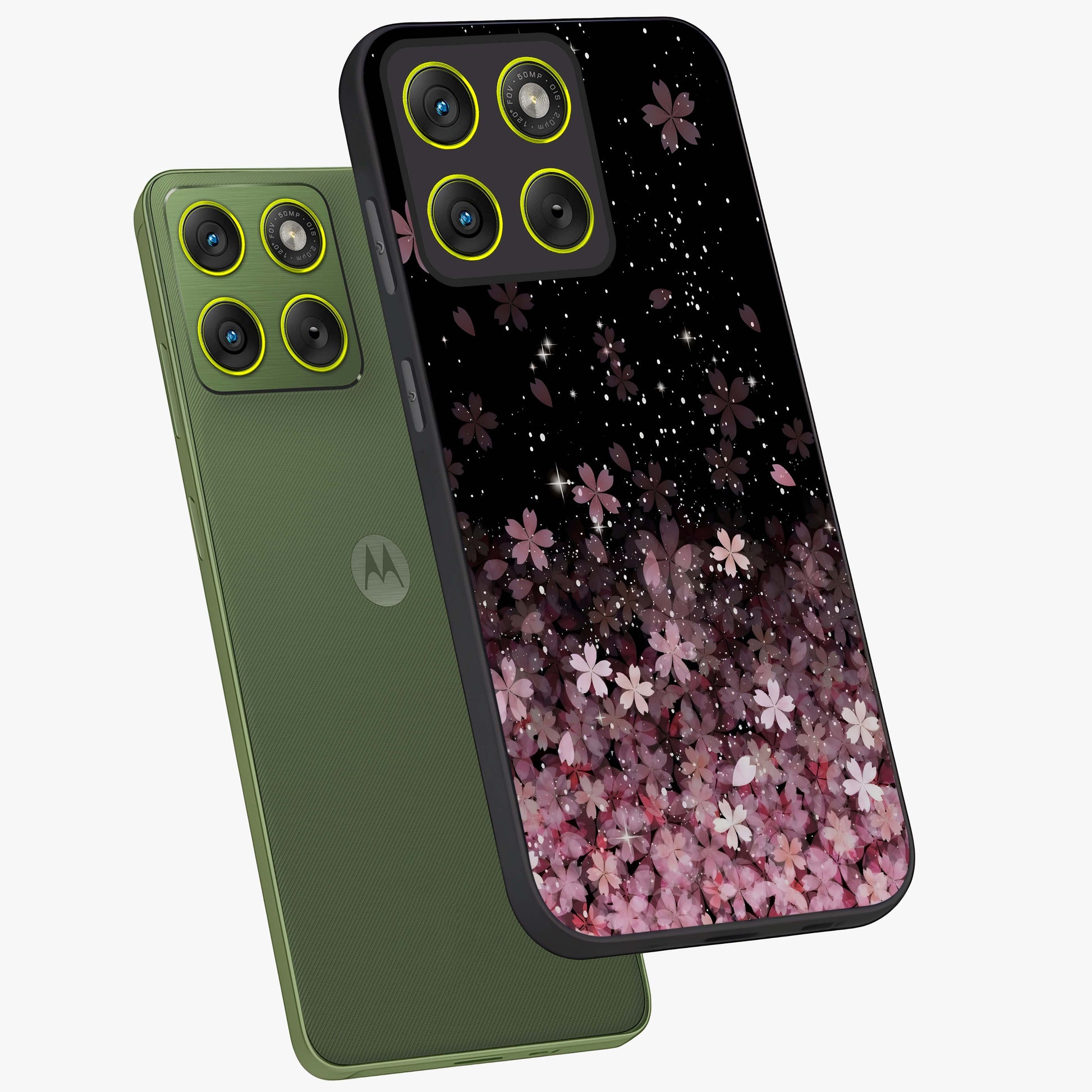 Small Starry Flowers Glass Case displayed in angled mockup highlighting tiny flower pattern with celestial aesthetic style.