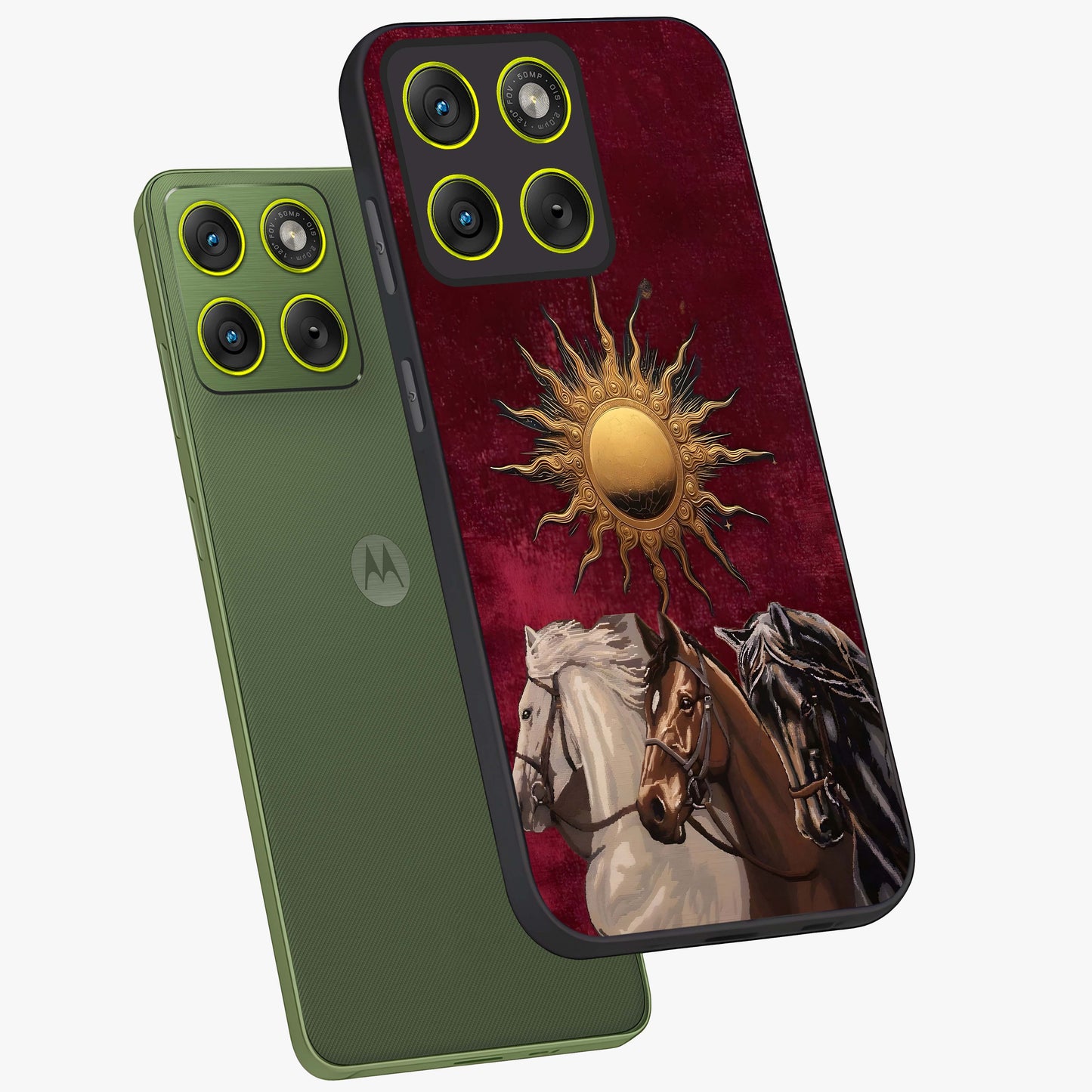 Solar Riders Glass Case displayed in angled mockup highlighting powerful rider illustration with radiant solar aesthetic.