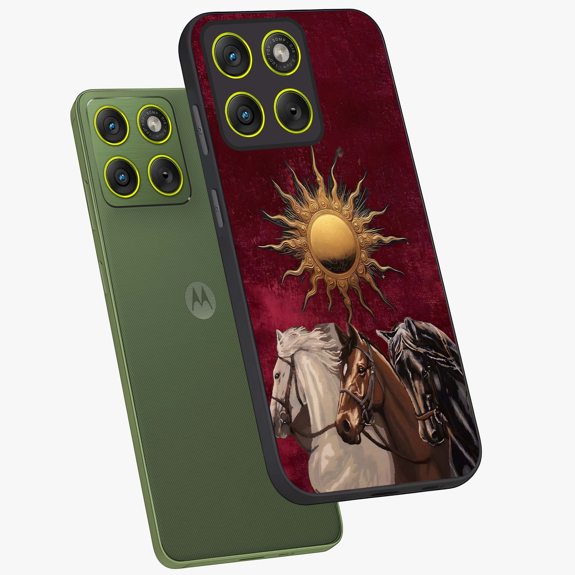 Solar Riders Glass Case displayed in angled mockup highlighting powerful rider illustration with radiant solar aesthetic.