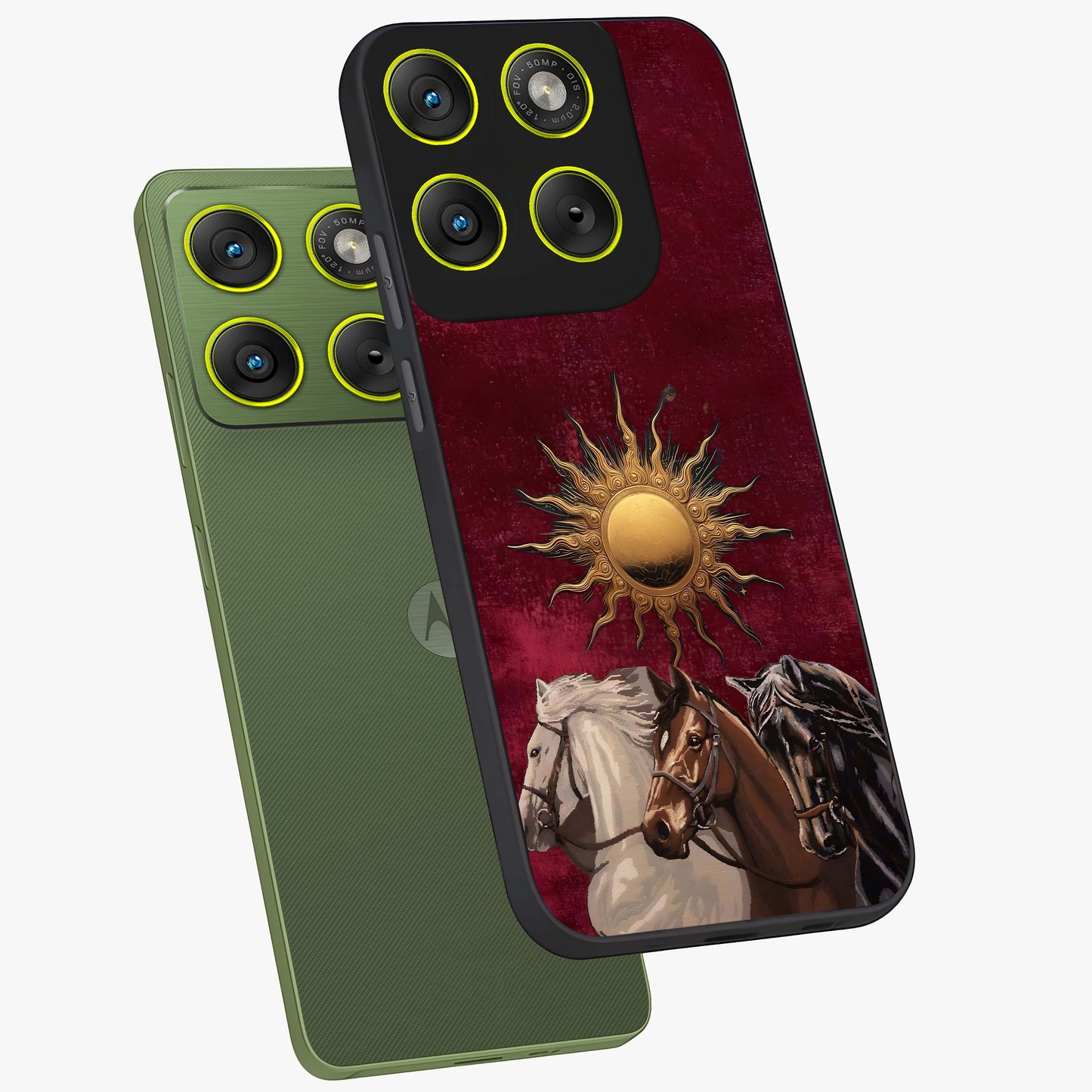Solar Riders Glass Case displayed in angled mockup highlighting powerful rider illustration with radiant solar aesthetic.