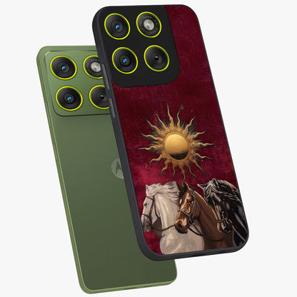 Solar Riders Glass Case displayed in angled mockup highlighting powerful rider illustration with radiant solar aesthetic.