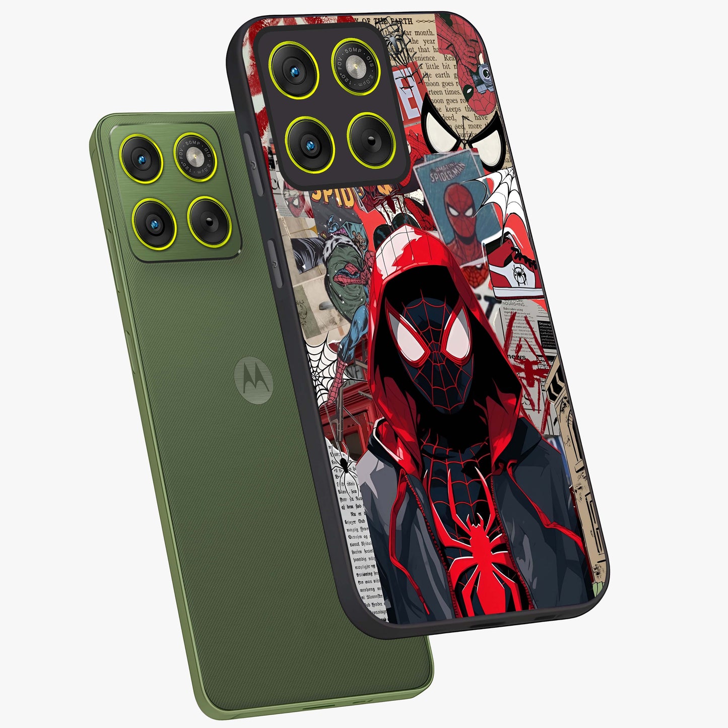 Spider Collage Street Glass Case displayed in angled mockup highlighting dynamic street style collage design with comic aesthetic.