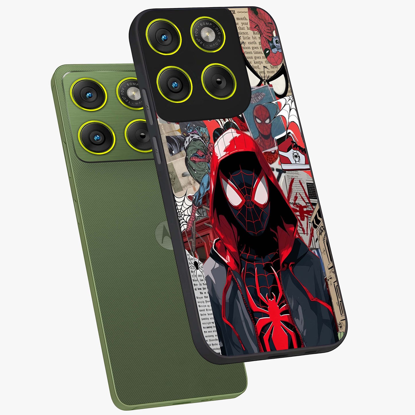 Spider Collage Street Glass Case displayed in angled mockup highlighting dynamic street style collage design with comic aesthetic.