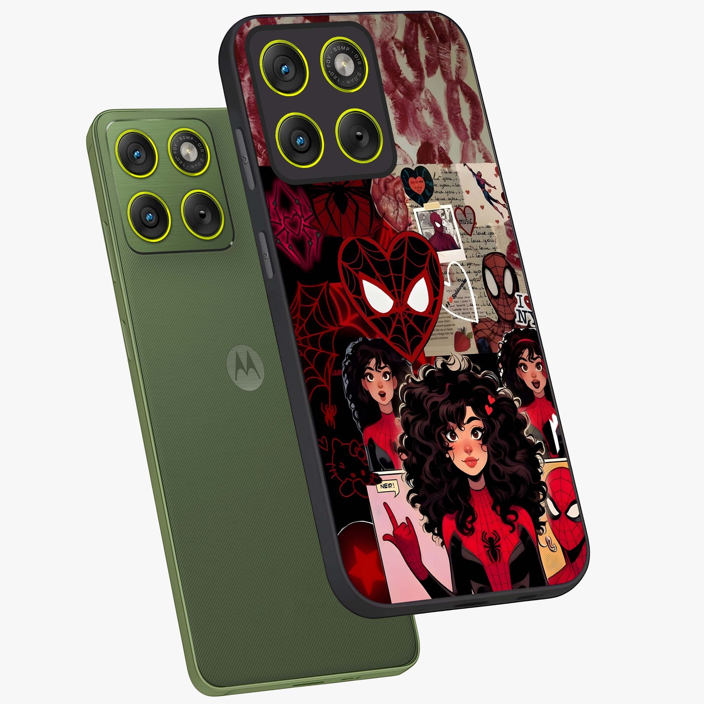 Spider Love Story Glass Case displayed in angled mockup highlighting expressive comic inspired design with playful aesthetic.