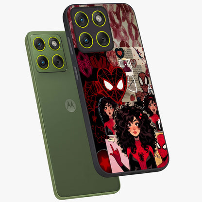 Spider Love Story Glass Case displayed in angled mockup highlighting expressive comic inspired design with playful aesthetic.