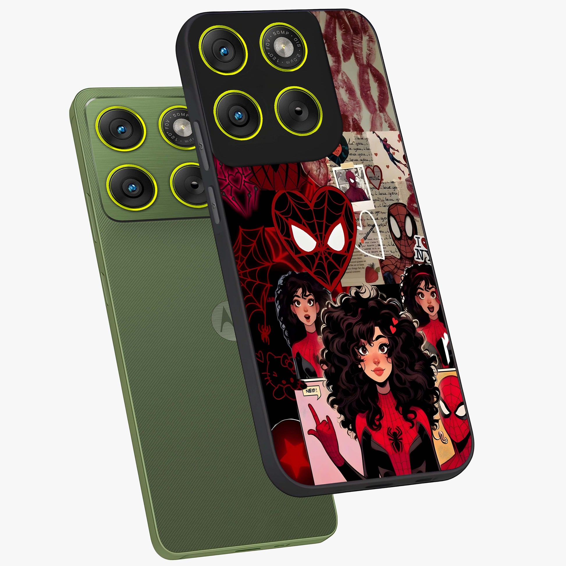 Spider Love Story Glass Case displayed in angled mockup highlighting expressive comic inspired design with playful aesthetic.