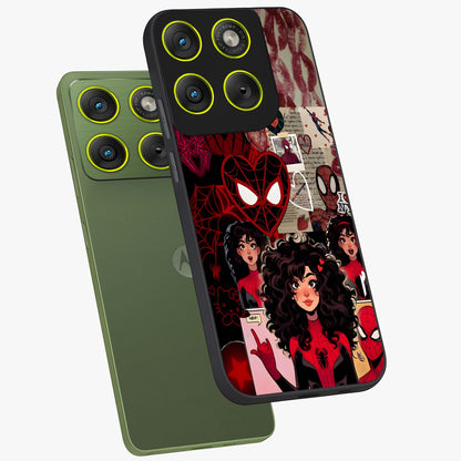 Spider Love Story Glass Case displayed in angled mockup highlighting expressive comic inspired design with playful aesthetic.
