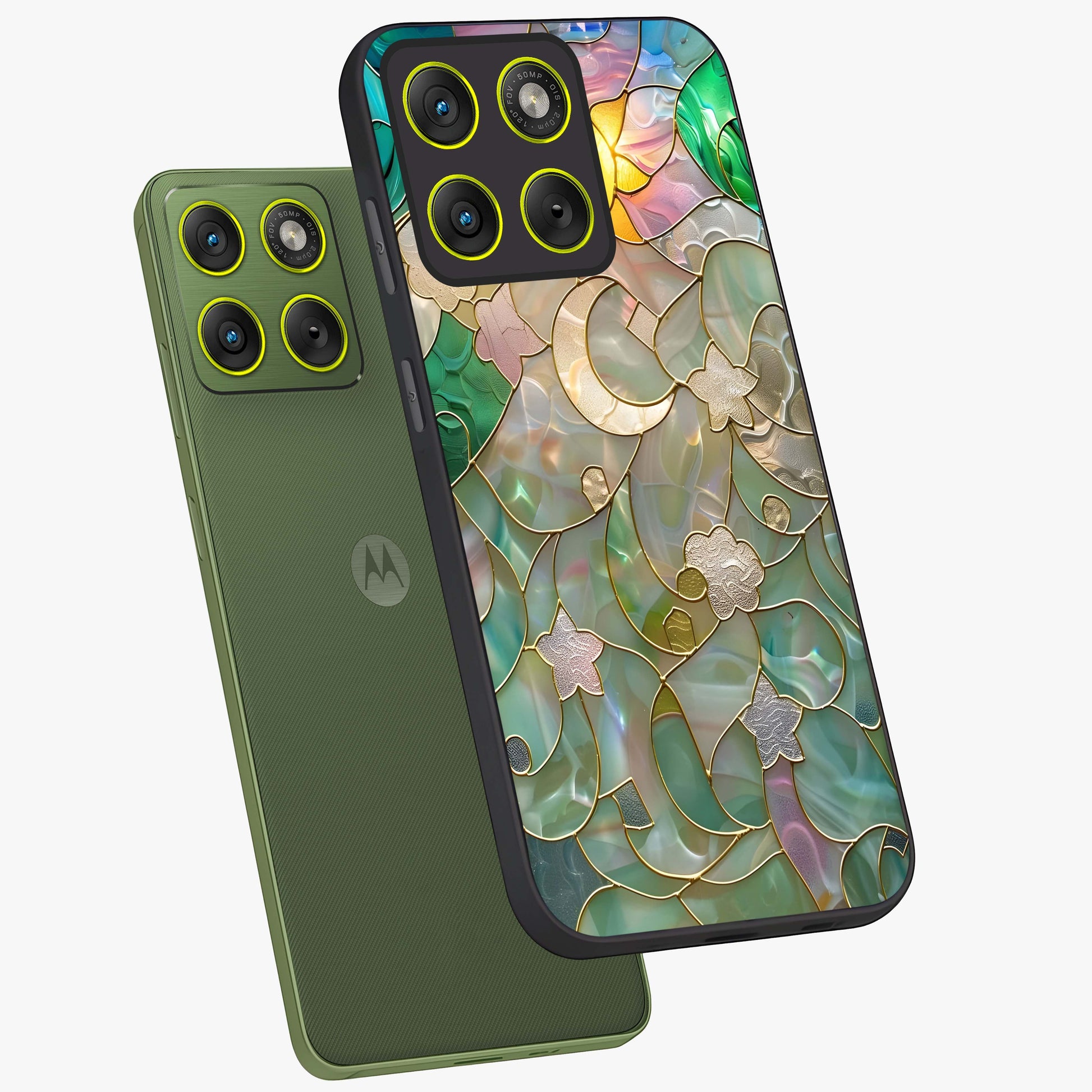 Stained Sunrise Glow Glass Case displayed in angled mockup highlighting radiant sunrise design with artistic aesthetic style.