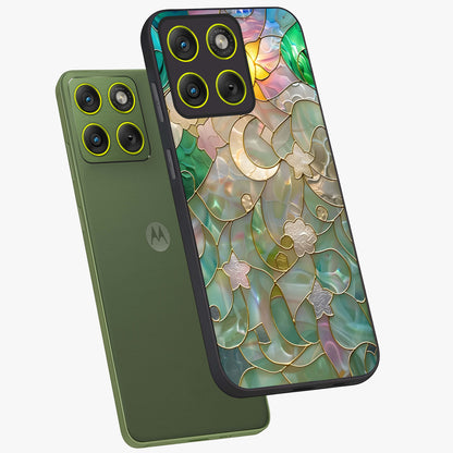 Stained Sunrise Glow Glass Case displayed in angled mockup highlighting radiant sunrise design with artistic aesthetic style.