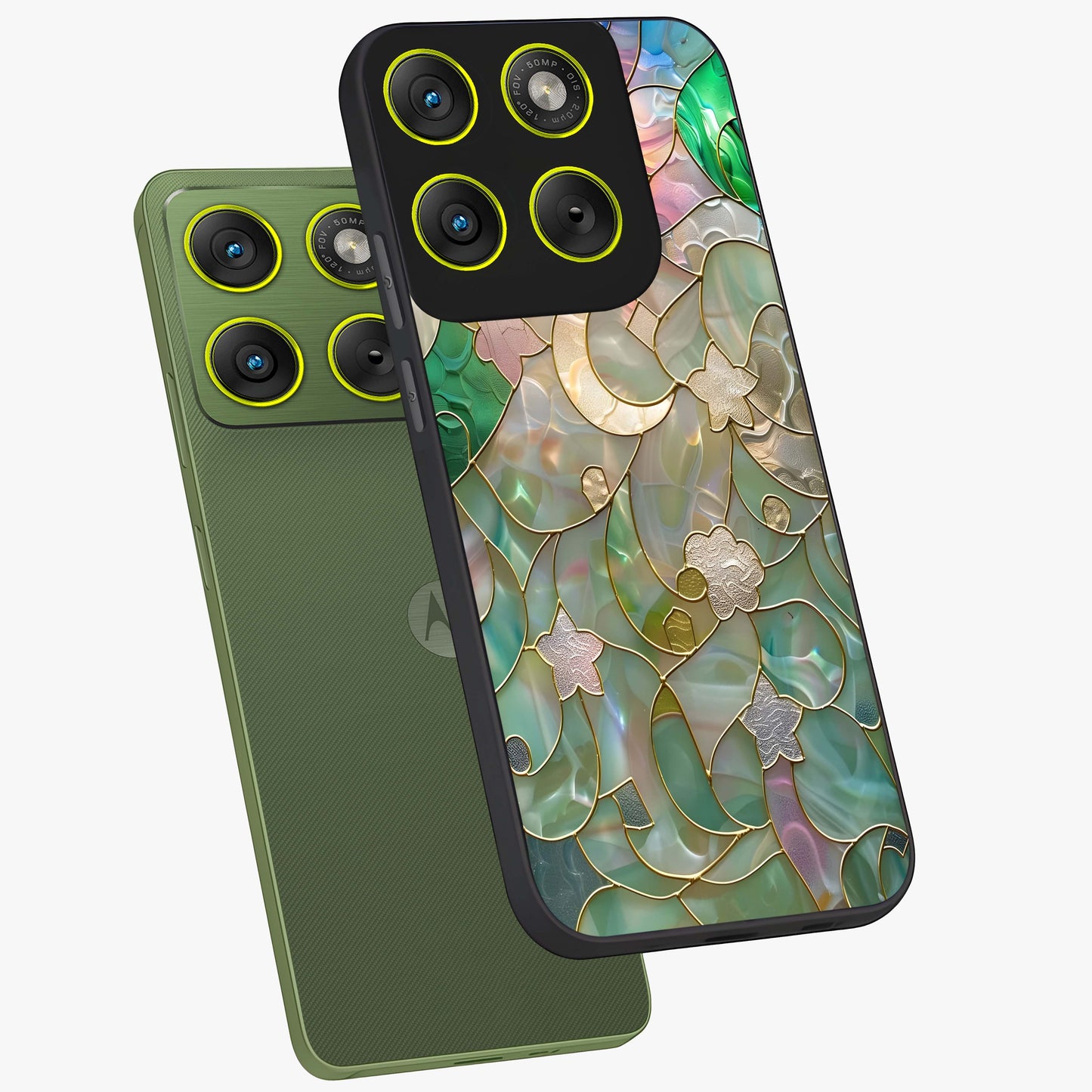 Stained Sunrise Glow Glass Case displayed in angled mockup highlighting radiant sunrise design with artistic aesthetic style.