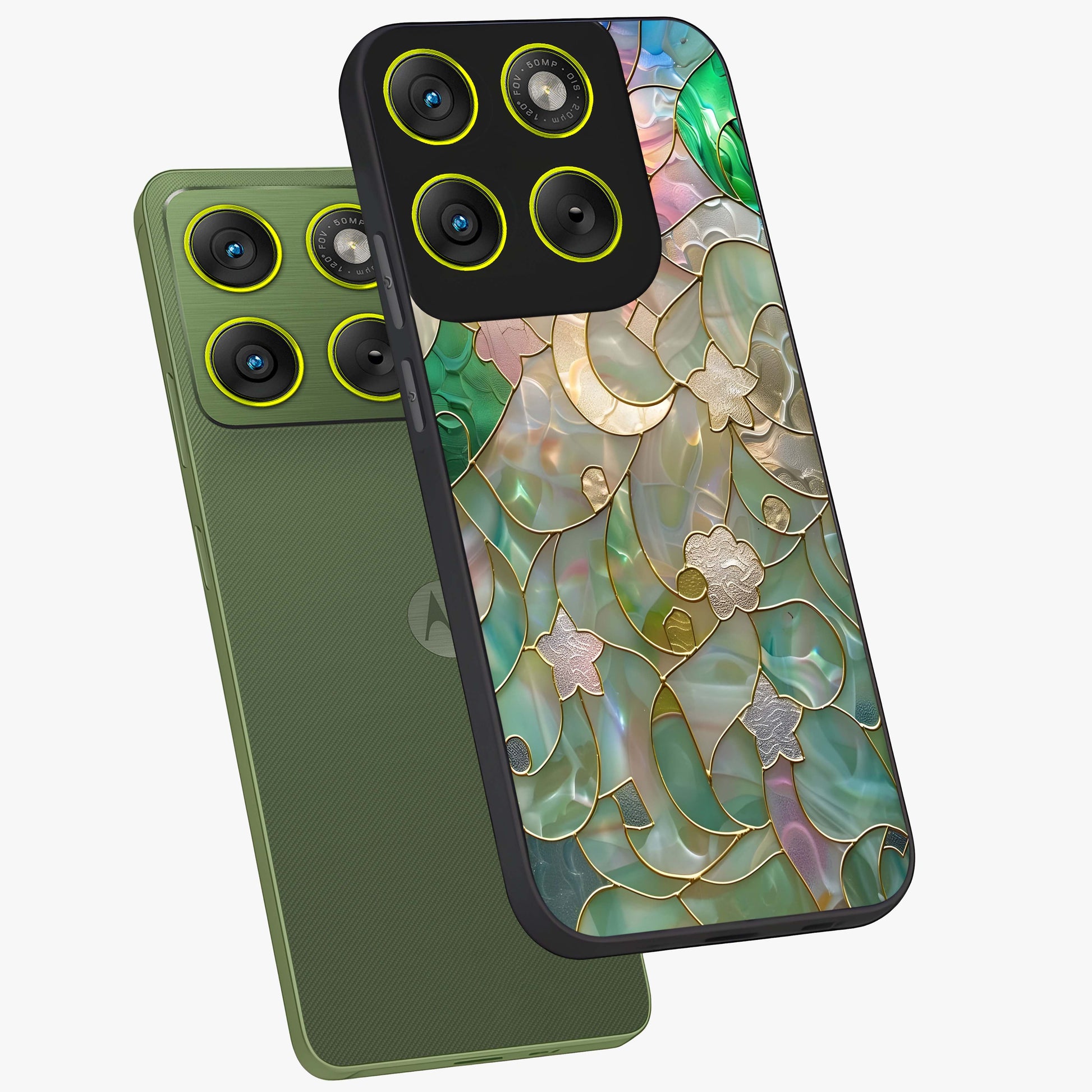 Stained Sunrise Glow Glass Case displayed in angled mockup highlighting radiant sunrise design with artistic aesthetic style.