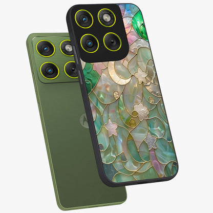 Stained Sunrise Glow Glass Case displayed in angled mockup highlighting radiant sunrise design with artistic aesthetic style.