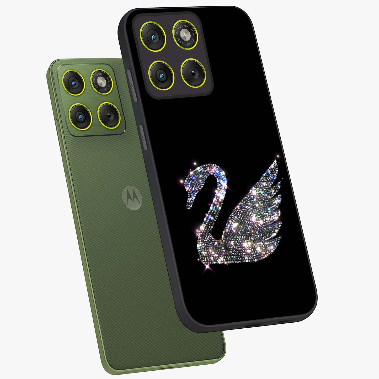 Starlit Swan Grace Glass Case displayed in angled mockup highlighting elegant swan illustration with dreamy celestial aesthetic.