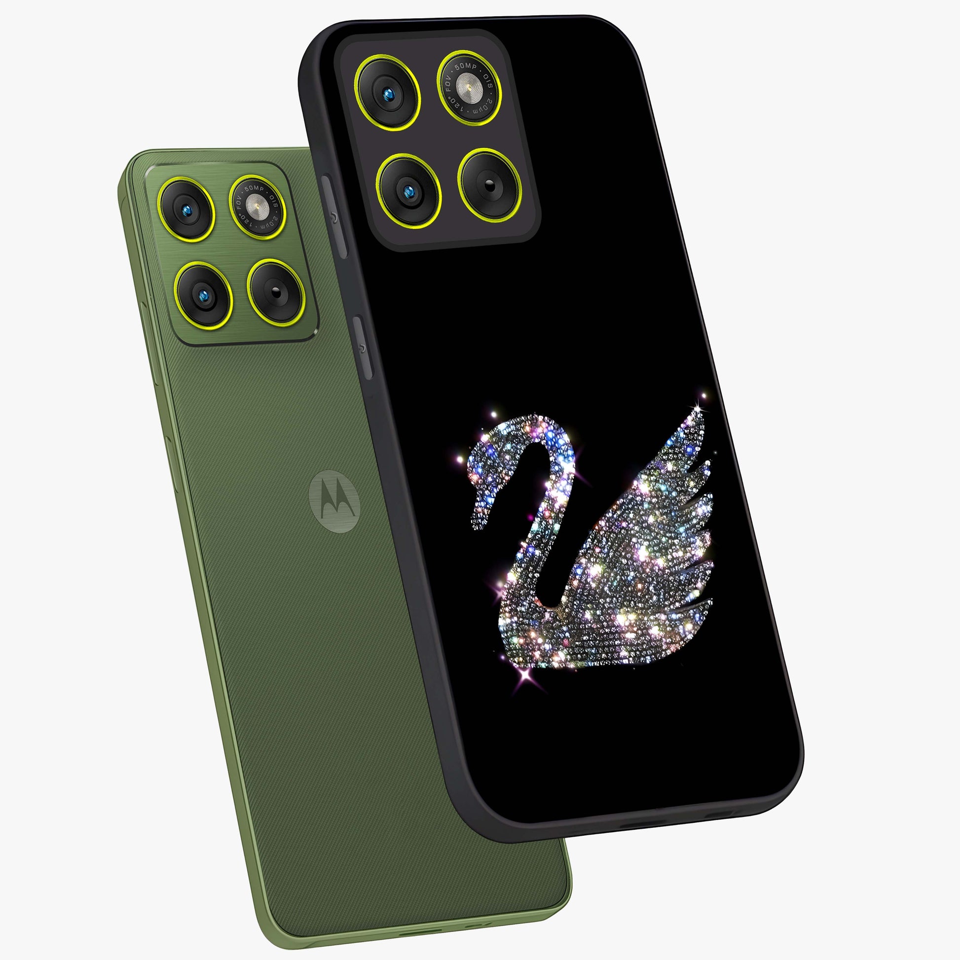 Starlit Swan Grace Glass Case displayed in angled mockup highlighting elegant swan illustration with dreamy celestial aesthetic.