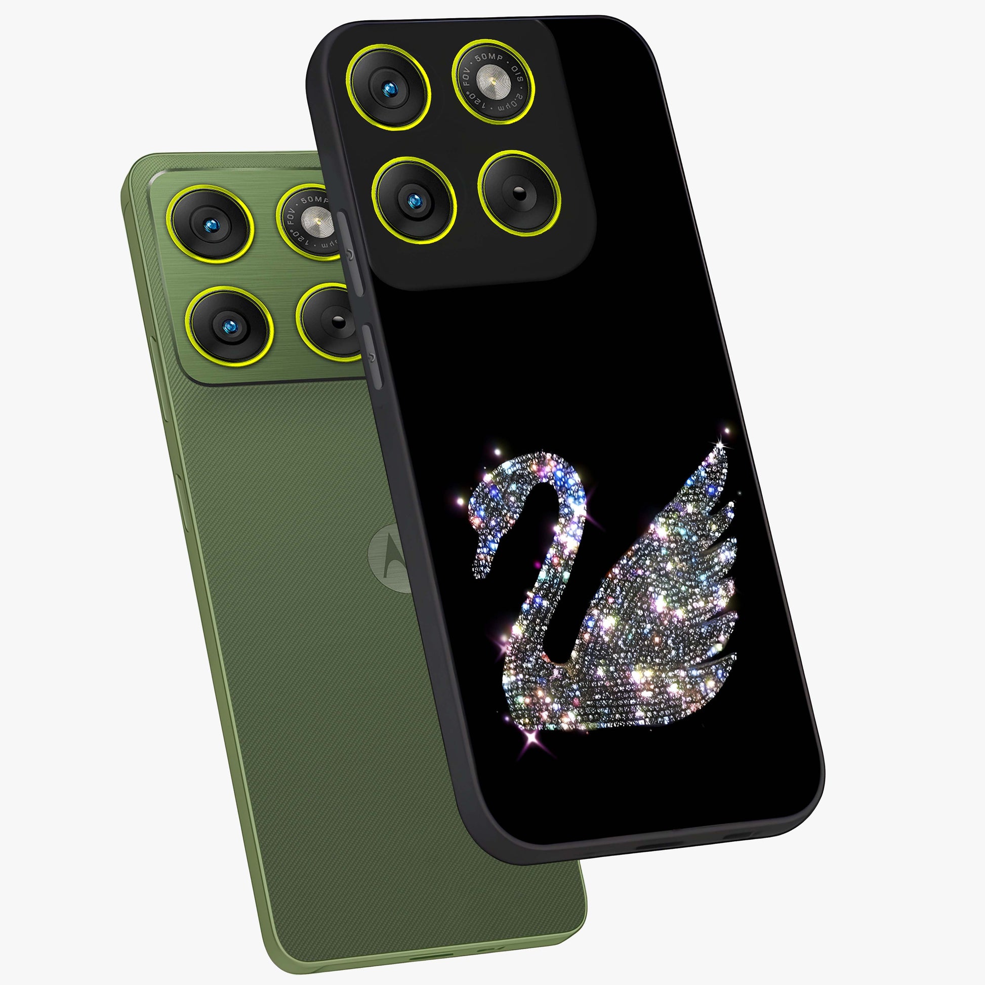 Starlit Swan Grace Glass Case displayed in angled mockup highlighting elegant swan illustration with dreamy celestial aesthetic.