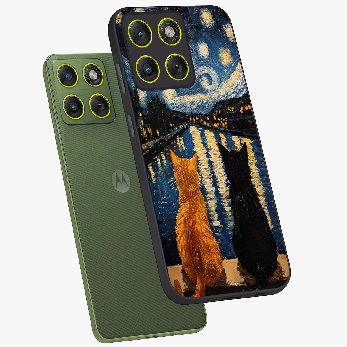 Starry River Cats Glass Case displayed in angled mockup highlighting charming feline illustration with dreamy night aesthetic.