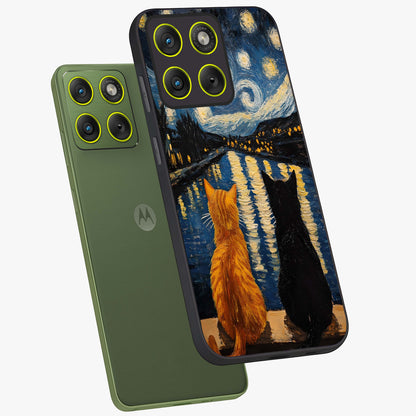 Starry River Cats Glass Case displayed in angled mockup highlighting charming feline illustration with dreamy night aesthetic.
