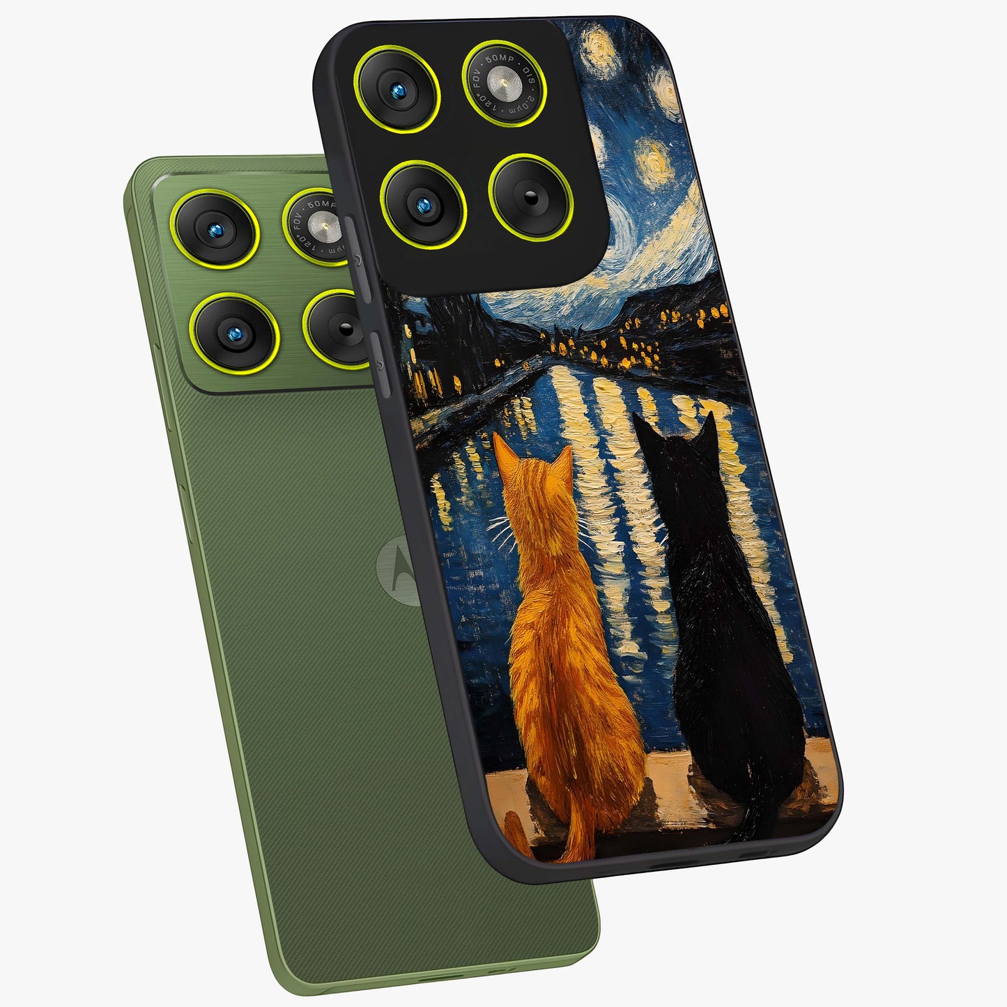Starry River Cats Glass Case displayed in angled mockup highlighting charming feline illustration with dreamy night aesthetic.