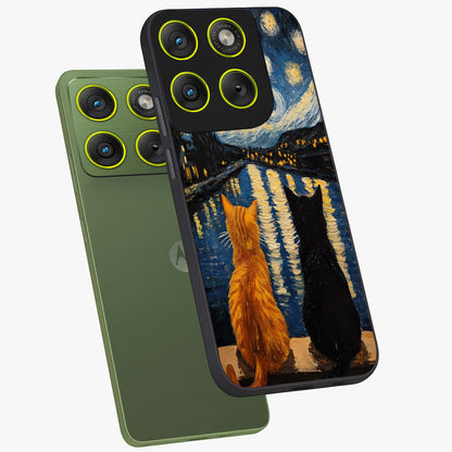 Starry River Cats Glass Case displayed in angled mockup highlighting charming feline illustration with dreamy night aesthetic.
