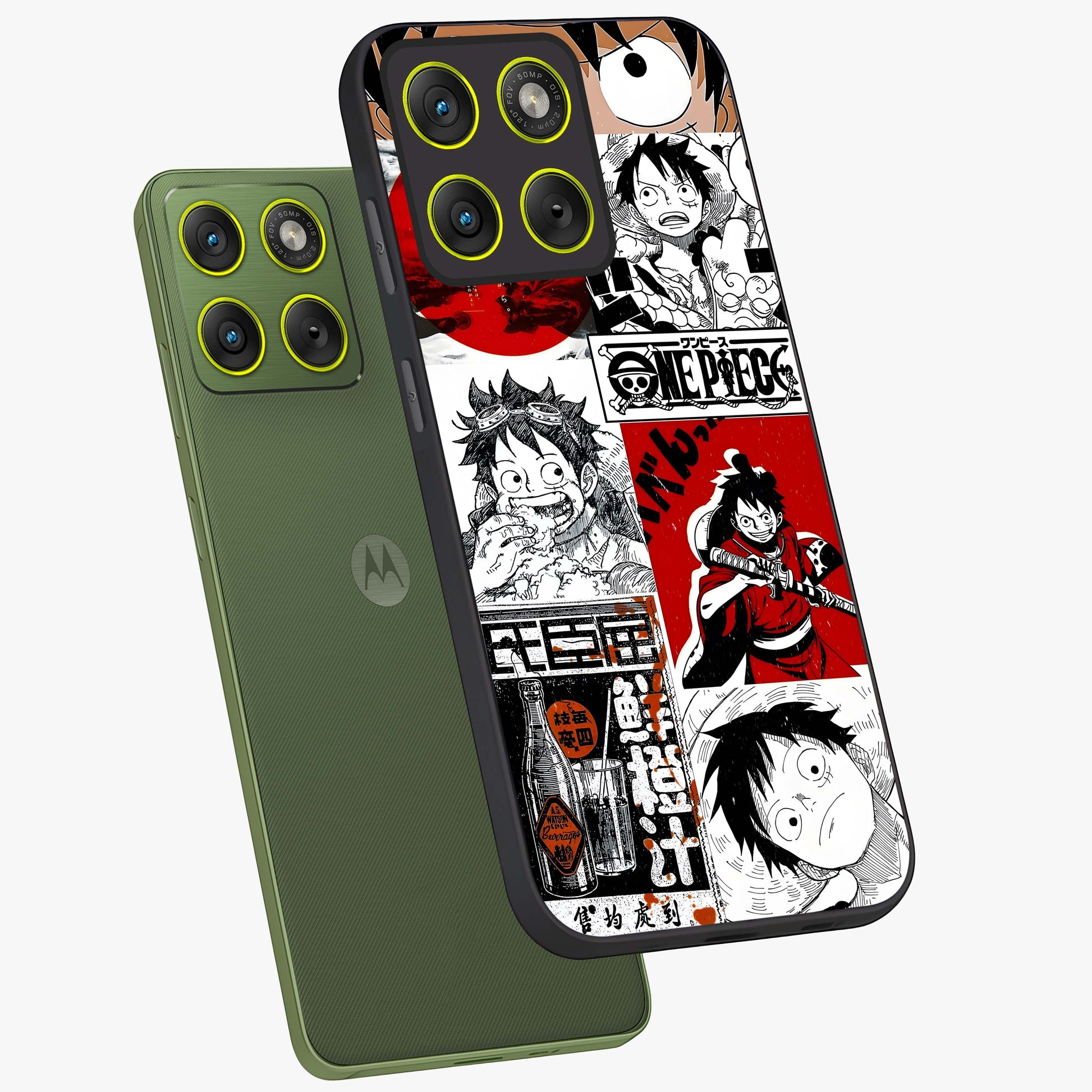 Strawhat Chaos Panels Glass Case displayed in angled mockup highlighting vibrant anime collage design with action aesthetic.