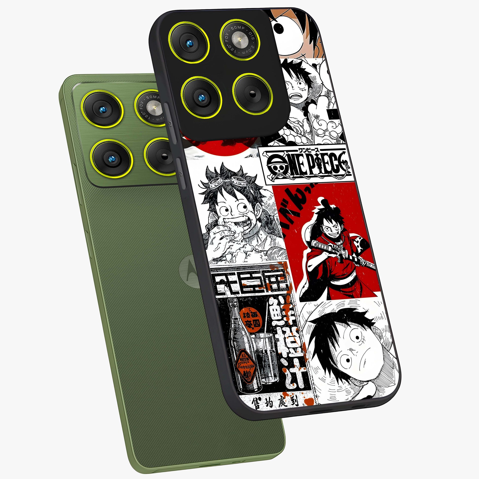 Strawhat Chaos Panels Glass Case displayed in angled mockup highlighting vibrant anime collage design with action aesthetic.