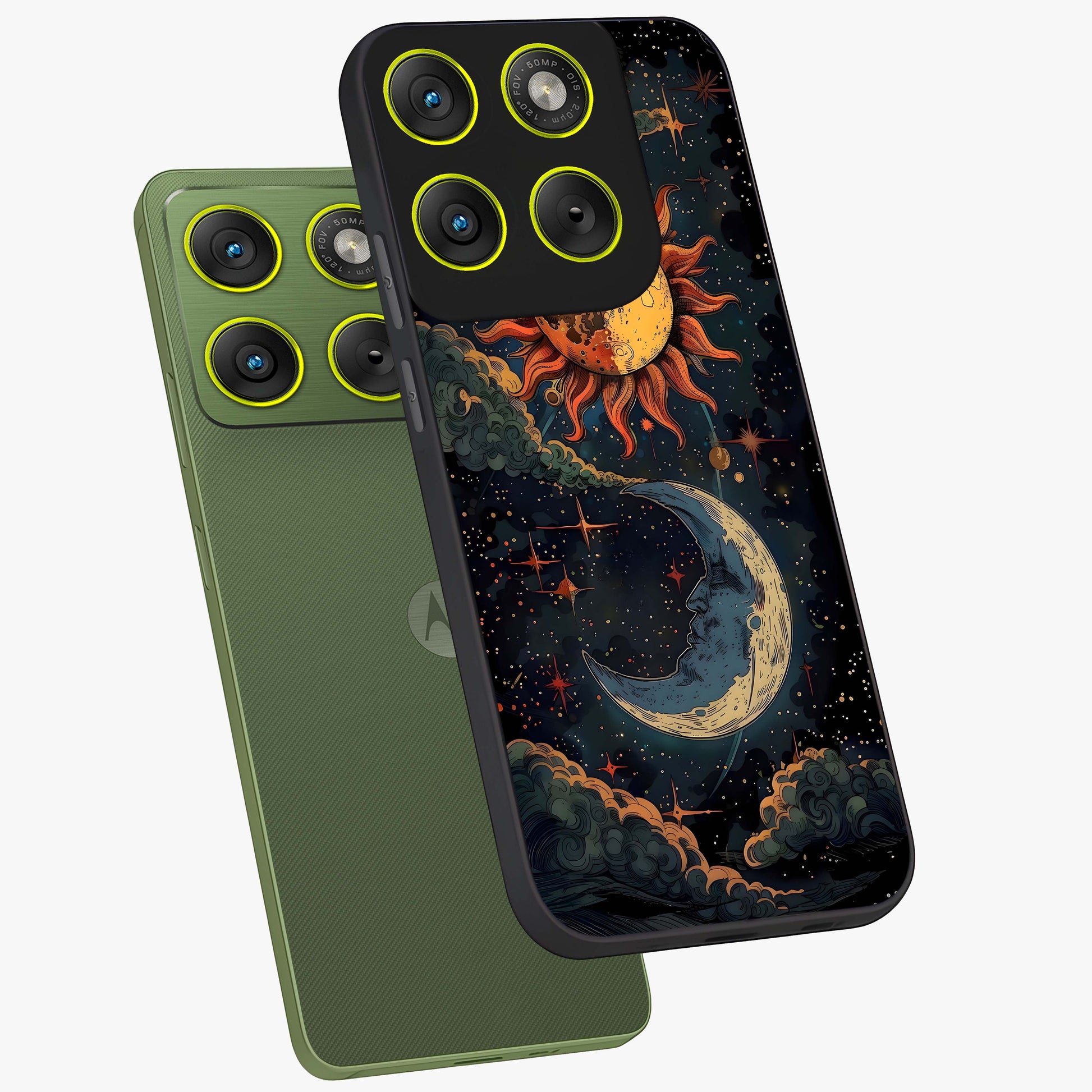 Sun And Moon Magic Design Glass Case displayed in angled mockup highlighting celestial design with magical cosmic aesthetic.
