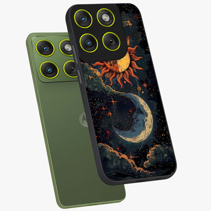 Sun And Moon Magic Design Glass Case displayed in angled mockup highlighting celestial design with magical cosmic aesthetic.