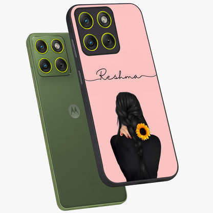 Sunflower Braid Beauty With Custom Name Glass Case displayed in angled mockup highlighting elegant sunflower design with custom name feature.