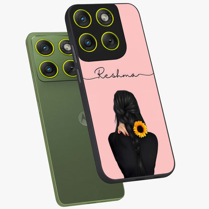 Sunflower Braid Beauty With Custom Name Glass Case displayed in angled mockup highlighting elegant sunflower design with custom name feature.