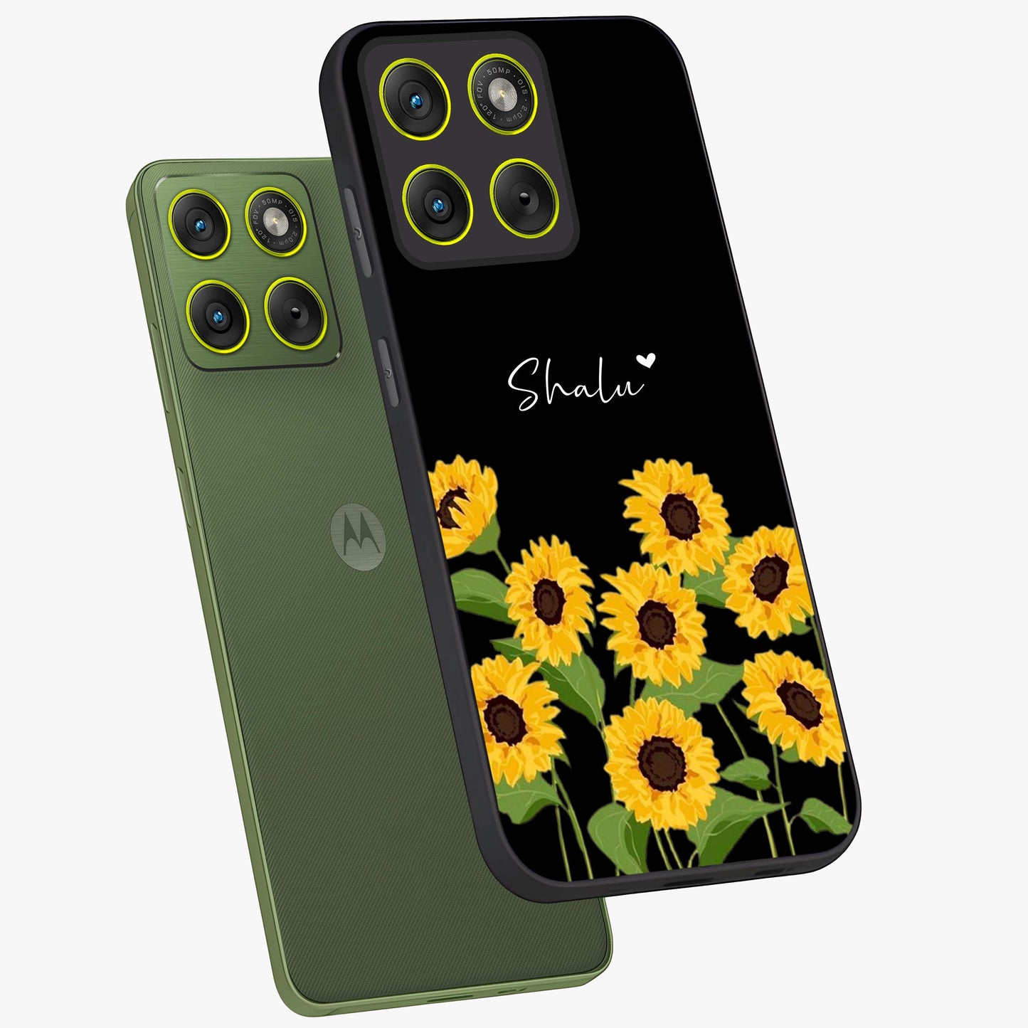 Sunflower Chic Mood Custom Name Glass Case displayed in angled mockup highlighting vibrant sunflower design with custom name feature.