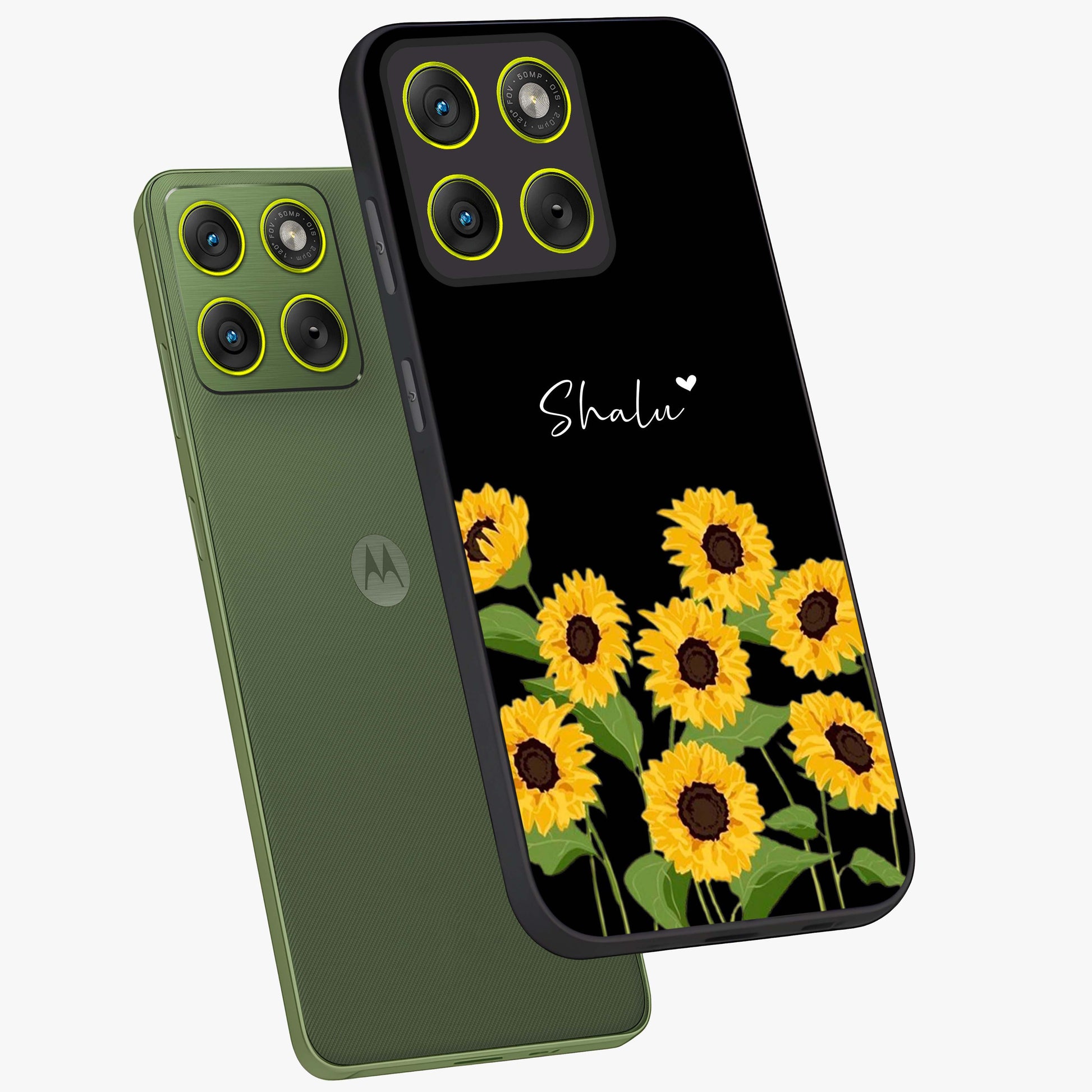 Sunflower Chic Mood Custom Name Glass Case displayed in angled mockup highlighting vibrant sunflower design with custom name feature.