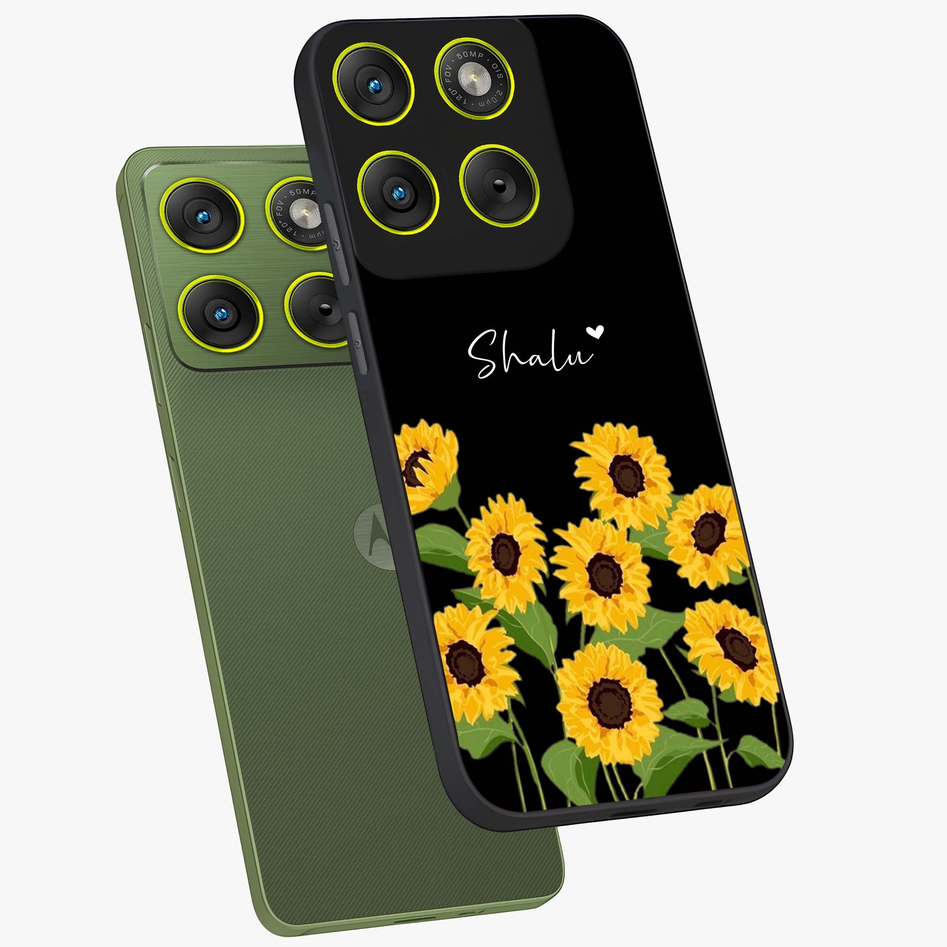 Sunflower Chic Mood Custom Name Glass Case displayed in angled mockup highlighting vibrant sunflower design with custom name feature.