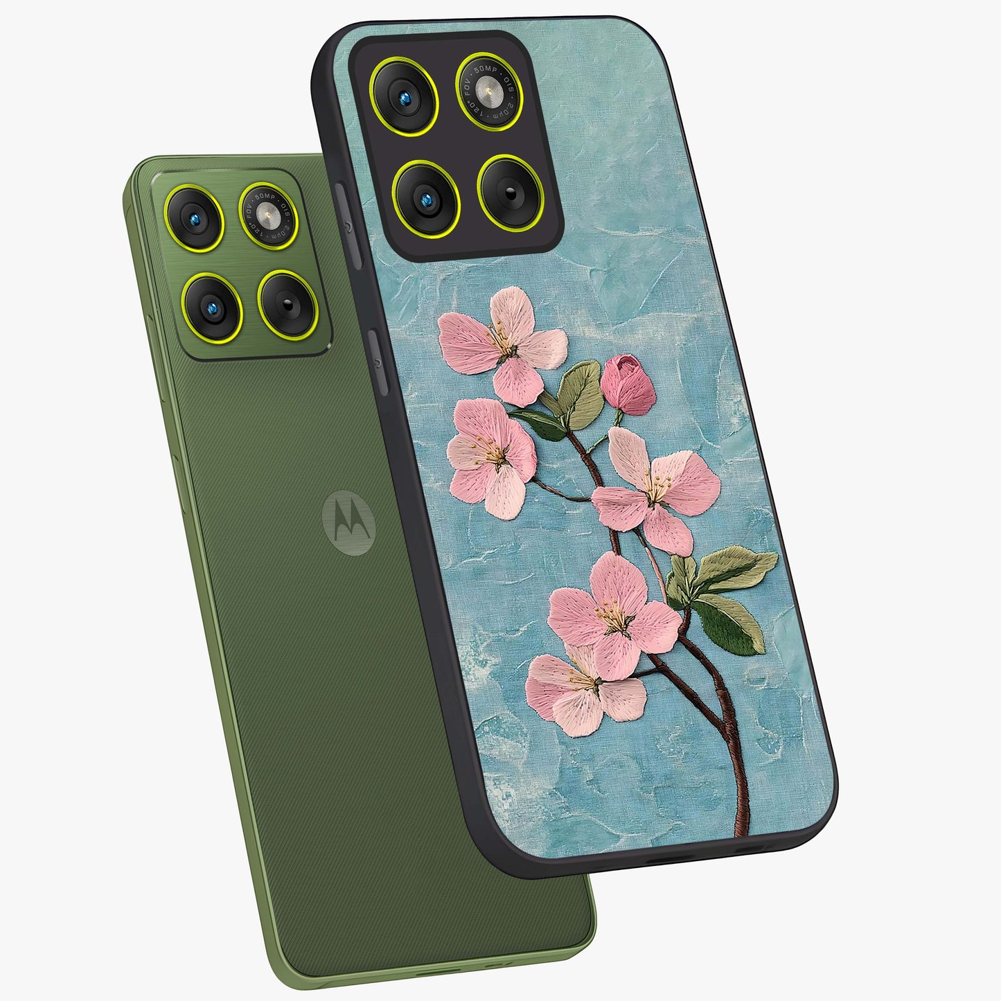 Threaded Blossom Breeze Glass Case displayed in angled mockup highlighting elegant floral design with soft aesthetic style.