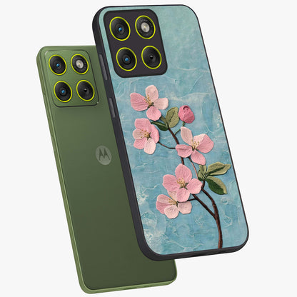 Threaded Blossom Breeze Glass Case displayed in angled mockup highlighting elegant floral design with soft aesthetic style.