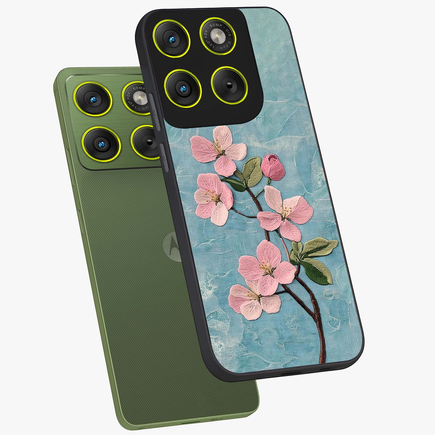Threaded Blossom Breeze Glass Case displayed in angled mockup highlighting elegant floral design with soft aesthetic style.