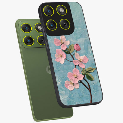 Threaded Blossom Breeze Glass Case displayed in angled mockup highlighting elegant floral design with soft aesthetic style.