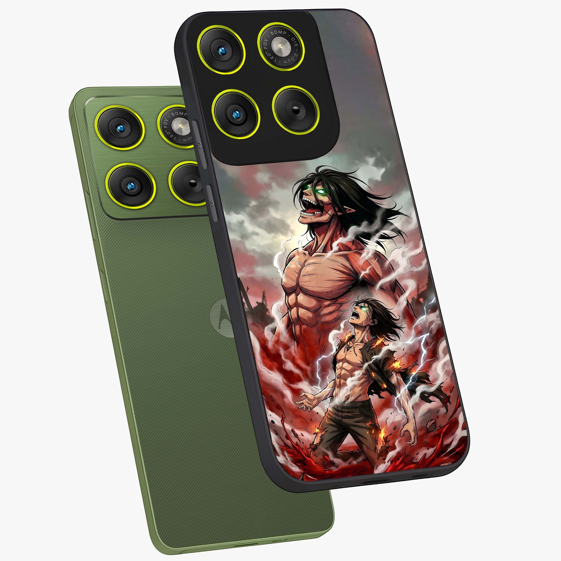 Titan Awakening Fury Glass Case displayed in angled mockup highlighting dramatic giant warrior design with bold anime aesthetic.