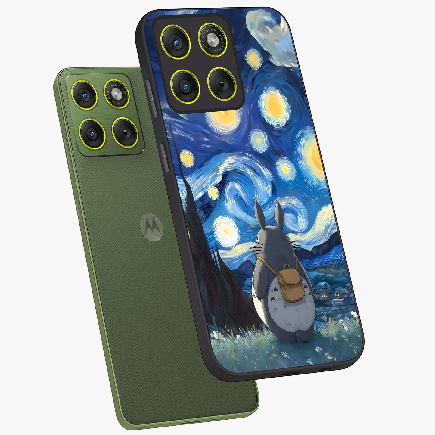 Totoro In Van Gogh Art Glass Case displayed in angled mockup highlighting artistic swirling sky design with playful animation aesthetic.